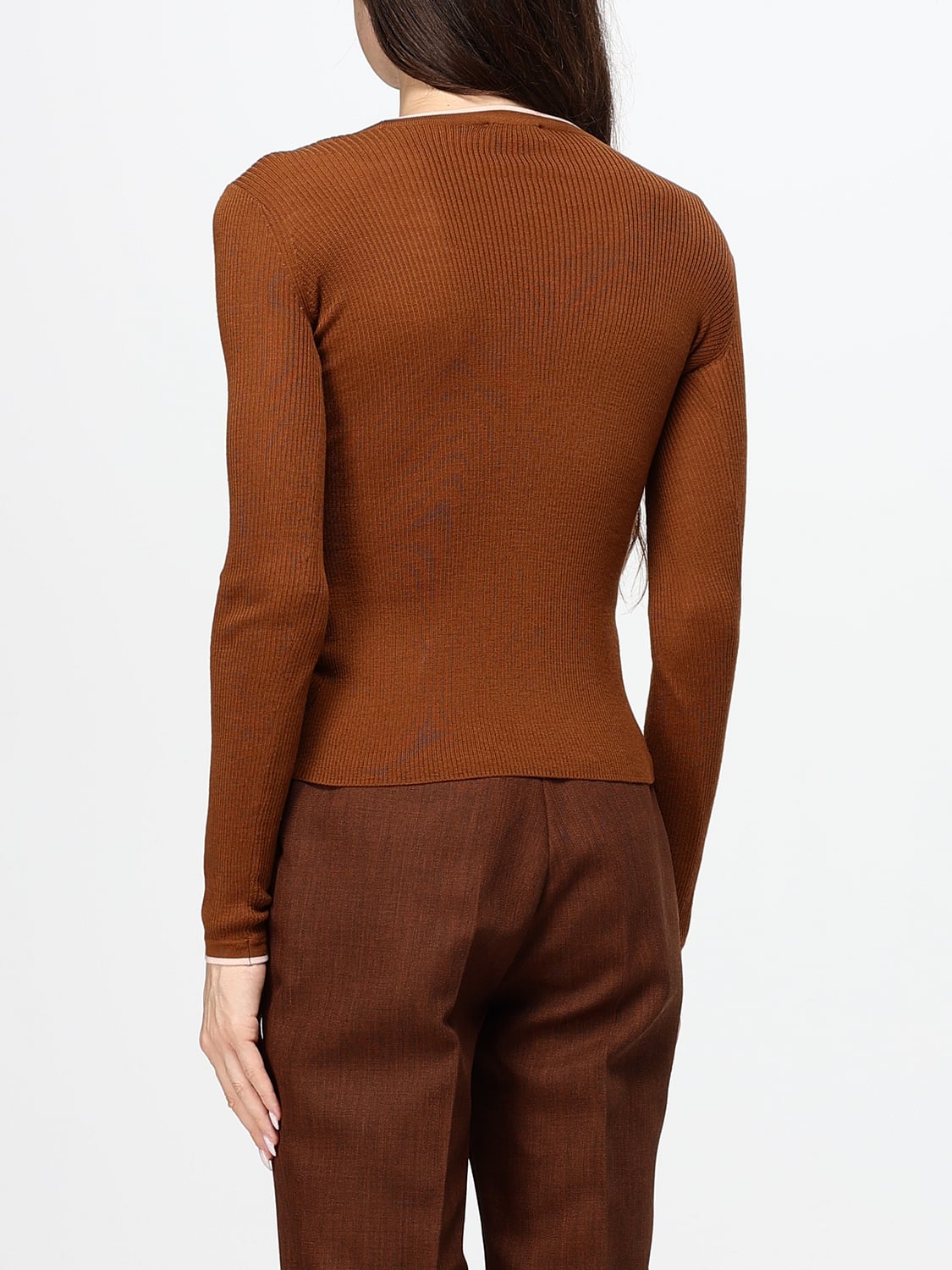 ELISABETTA FRANCHI JERSEY: Cárdigan Elisabetta Franchi de lana slim fit con ribetes y logo en contraste, Marrón - Img 2