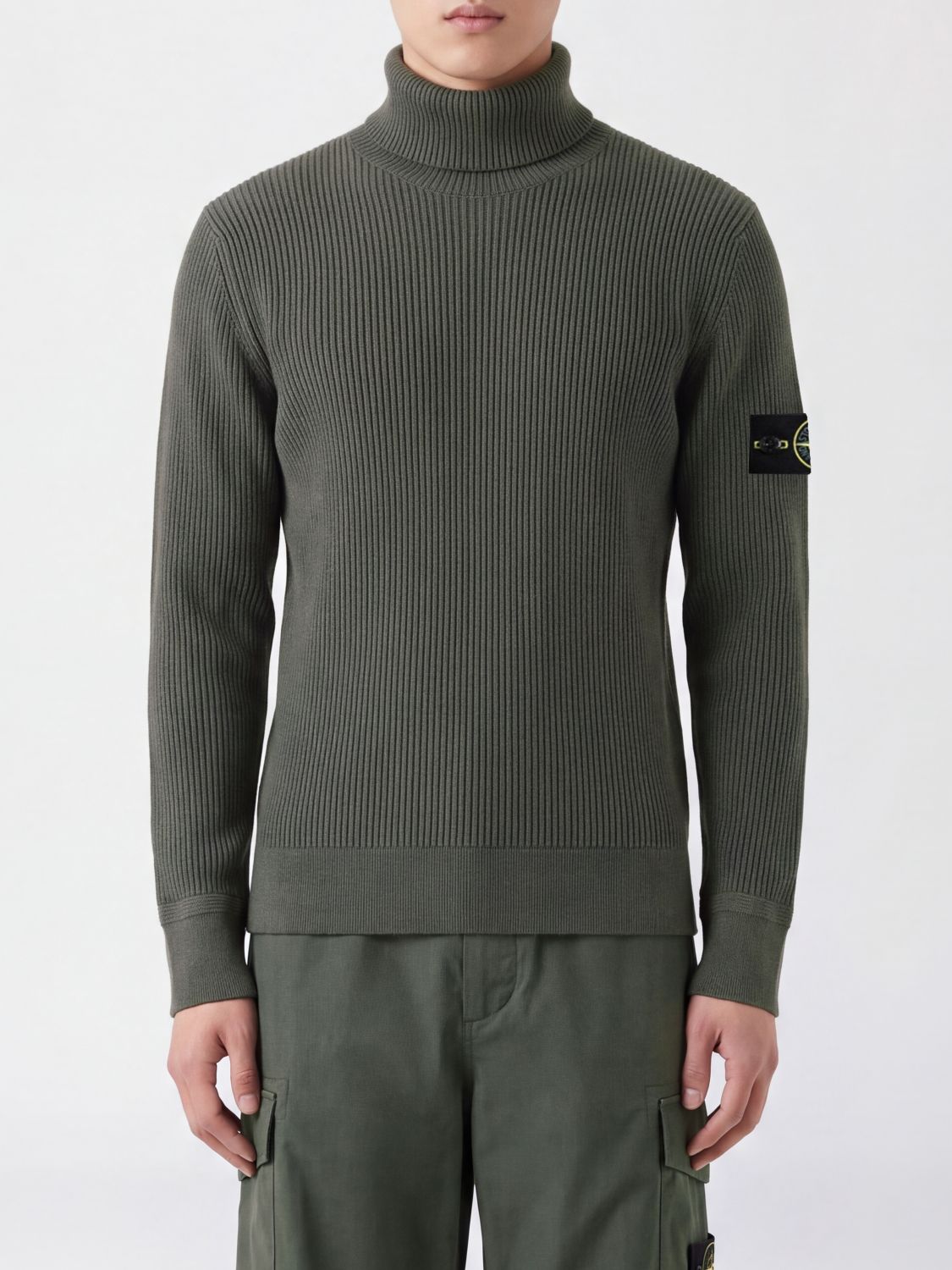 STONE ISLAND PULLOVER: Schmal geschnittener Stone Island Woll-Rollkragenpullover mit Compass-Logo, Military - Img 1