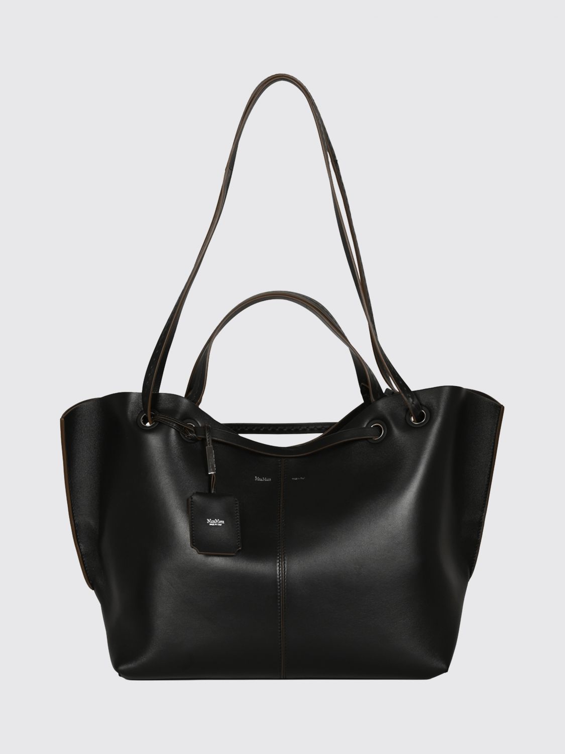 MAX MARA BORSA A SPALLA: Borsa a spalla Max Mara in pelle liscia con charm logato, Naturale - Img 1