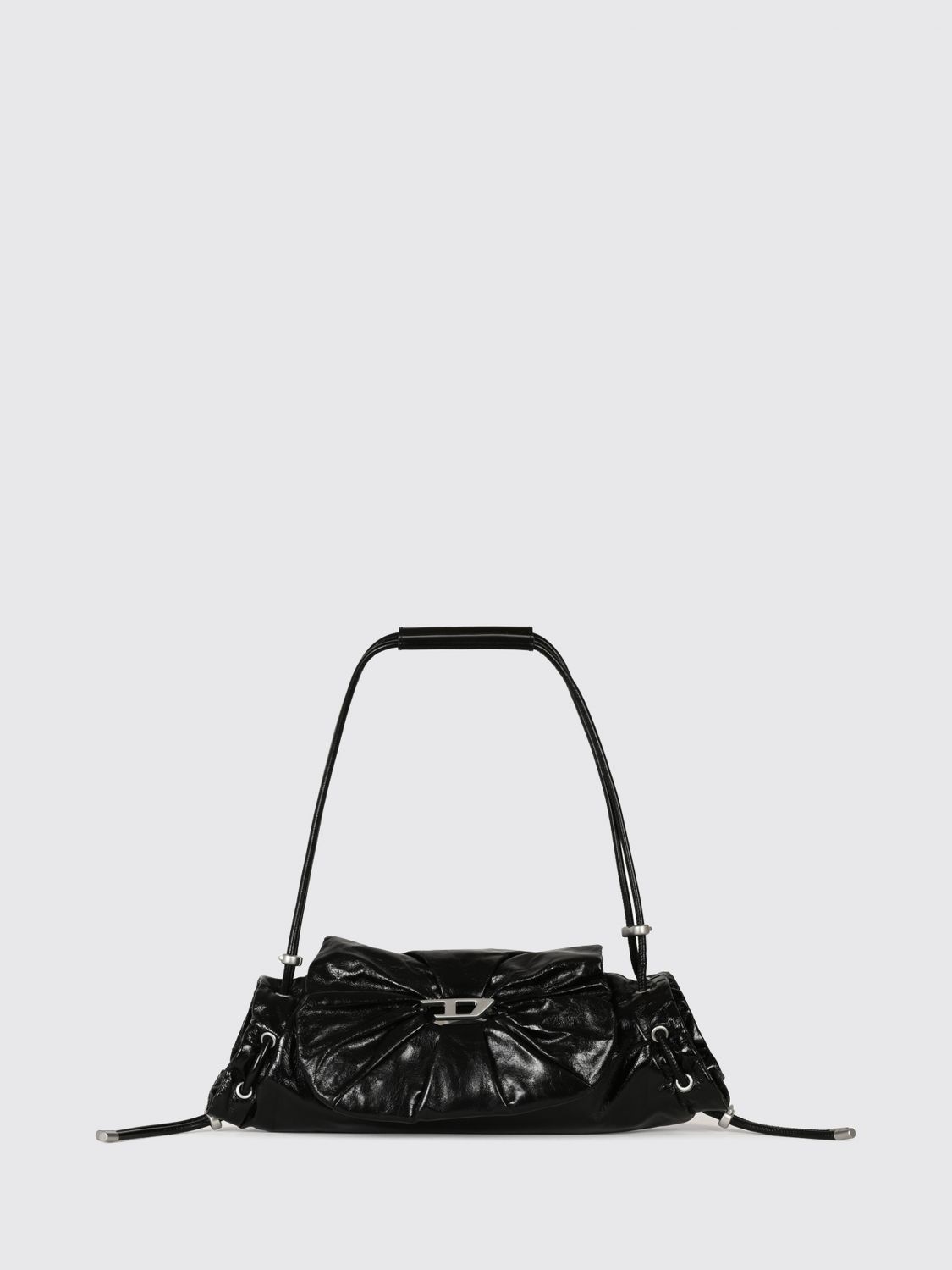 DIESEL SCHULTERTASCHE: Diesel Scrunch-D Schultertasche aus gerafftem Leder mit metallischem Oval-D-Logo, Schwarz - Img 1