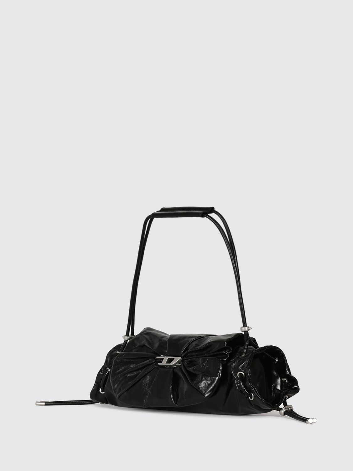 DIESEL SCHULTERTASCHE: Diesel Scrunch-D Schultertasche aus gerafftem Leder mit metallischem Oval-D-Logo, Schwarz - Img 3