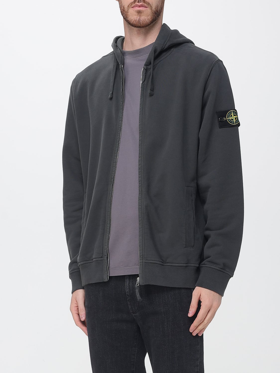 STONE ISLAND SWEATSHIRT: Stone Island Cotton Zip-Up Hoodie with Dropped Shoulders, Charcoal - Img 3