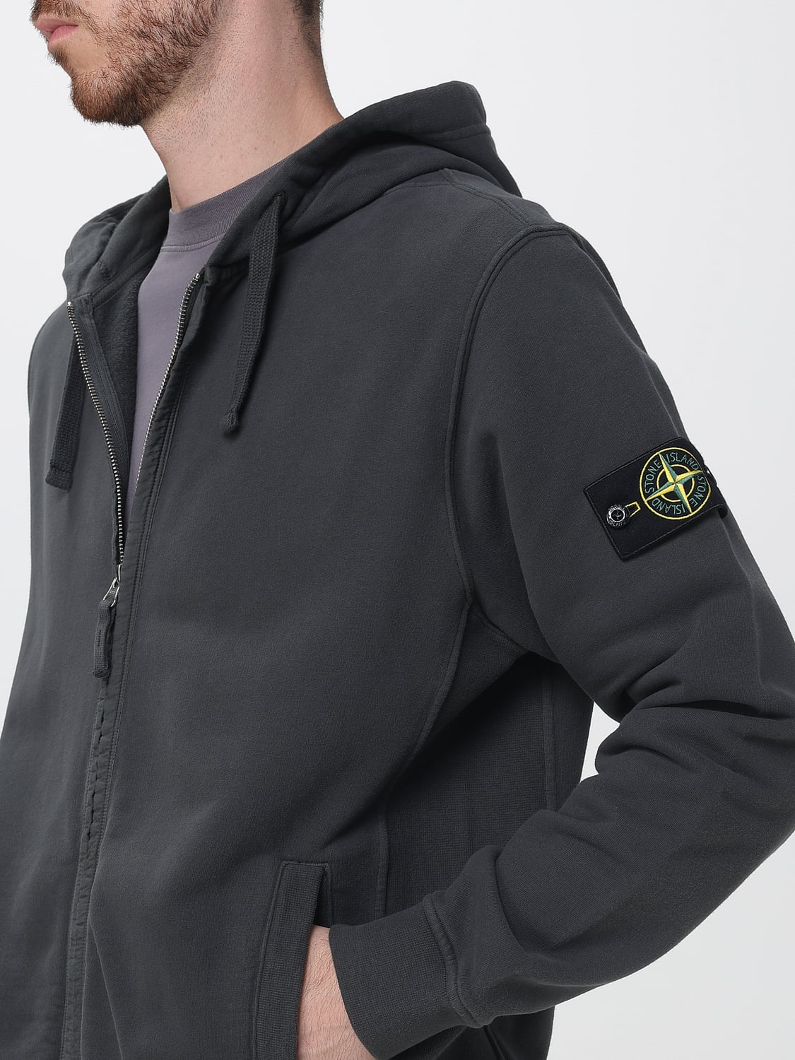 STONE ISLAND SWEATSHIRT: Stone Island Cotton Zip-Up Hoodie with Dropped Shoulders, Charcoal - Img 4