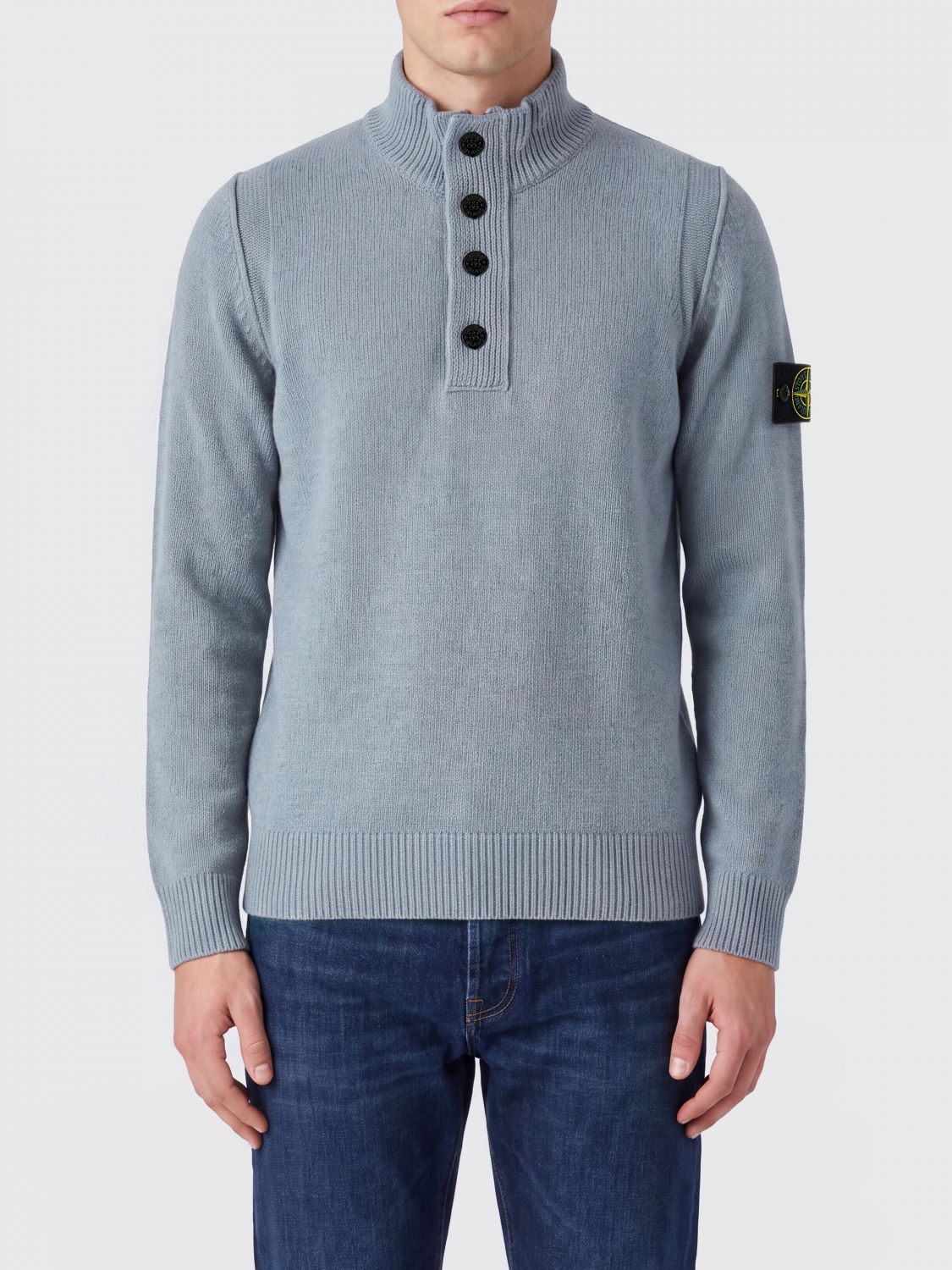 STONE ISLAND 毛衣: STONE ISLAND Compass 徽标贴片初剪羊毛高领毛衣, 蓝色 1 - Img 1
