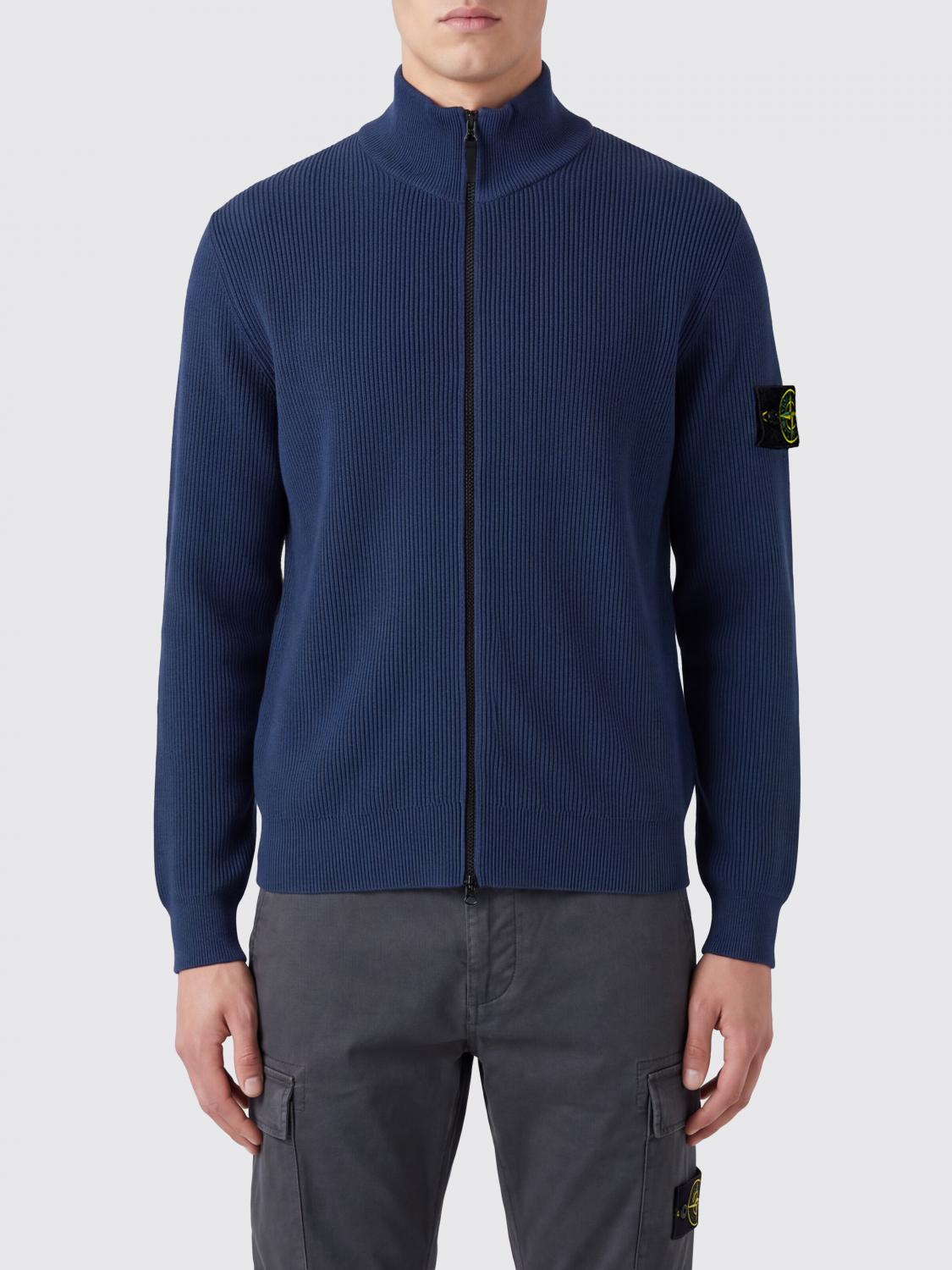STONE ISLAND PULL: Cardigan Stone Island en coton biologique à col montant avec logo Compass, Bleu Marine - Img 1
