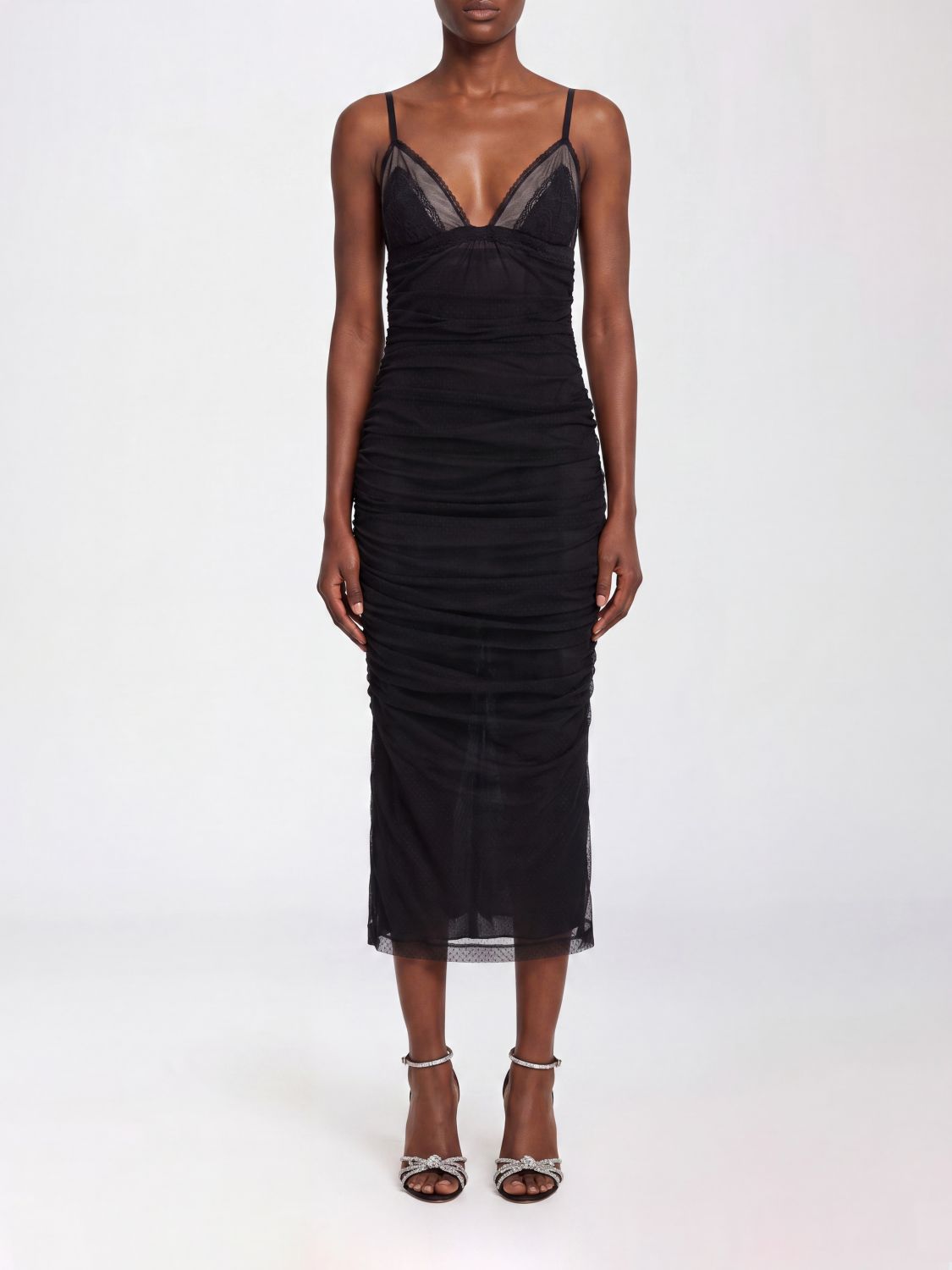 DOLCE & GABBANA ABITO: Abito midi a tubino Dolce & Gabbana in pizzo drappeggiato con scollo a V e spalline sottili, Nero - Img 1