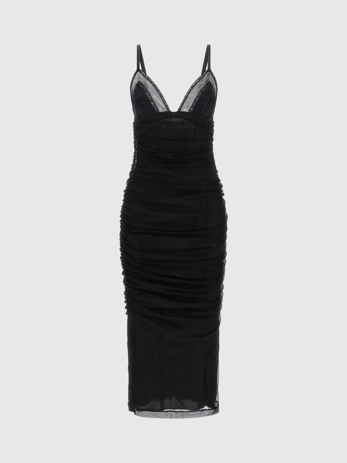DOLCE & GABBANA ABITO: Abito midi a tubino Dolce & Gabbana in pizzo drappeggiato con scollo a V e spalline sottili, Nero - Img 2