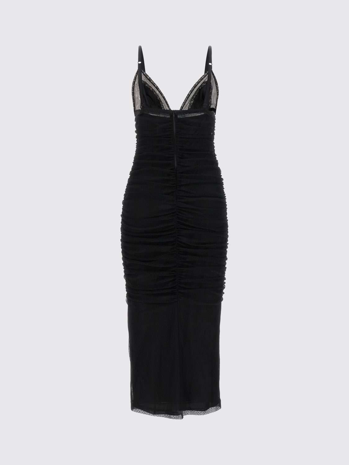 DOLCE & GABBANA ABITO: Abito midi a tubino Dolce & Gabbana in pizzo drappeggiato con scollo a V e spalline sottili, Nero - Img 3