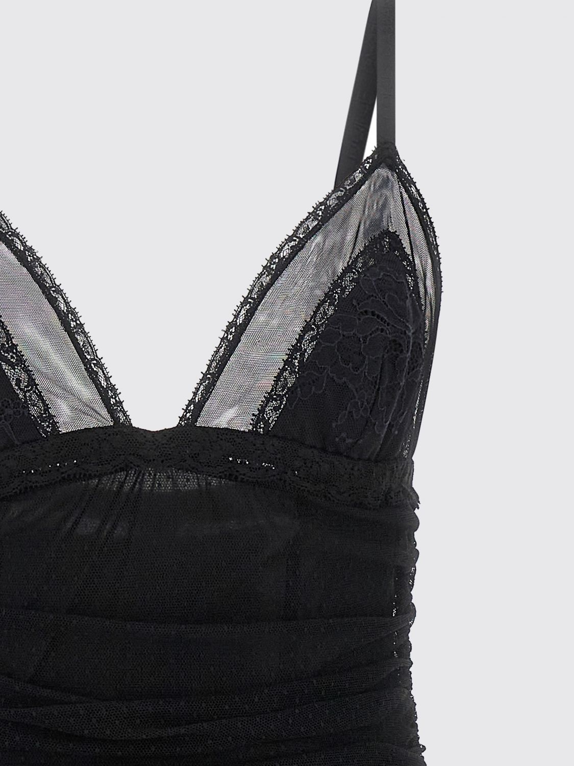 DOLCE & GABBANA ABITO: Abito midi a tubino Dolce & Gabbana in pizzo drappeggiato con scollo a V e spalline sottili, Nero - Img 4