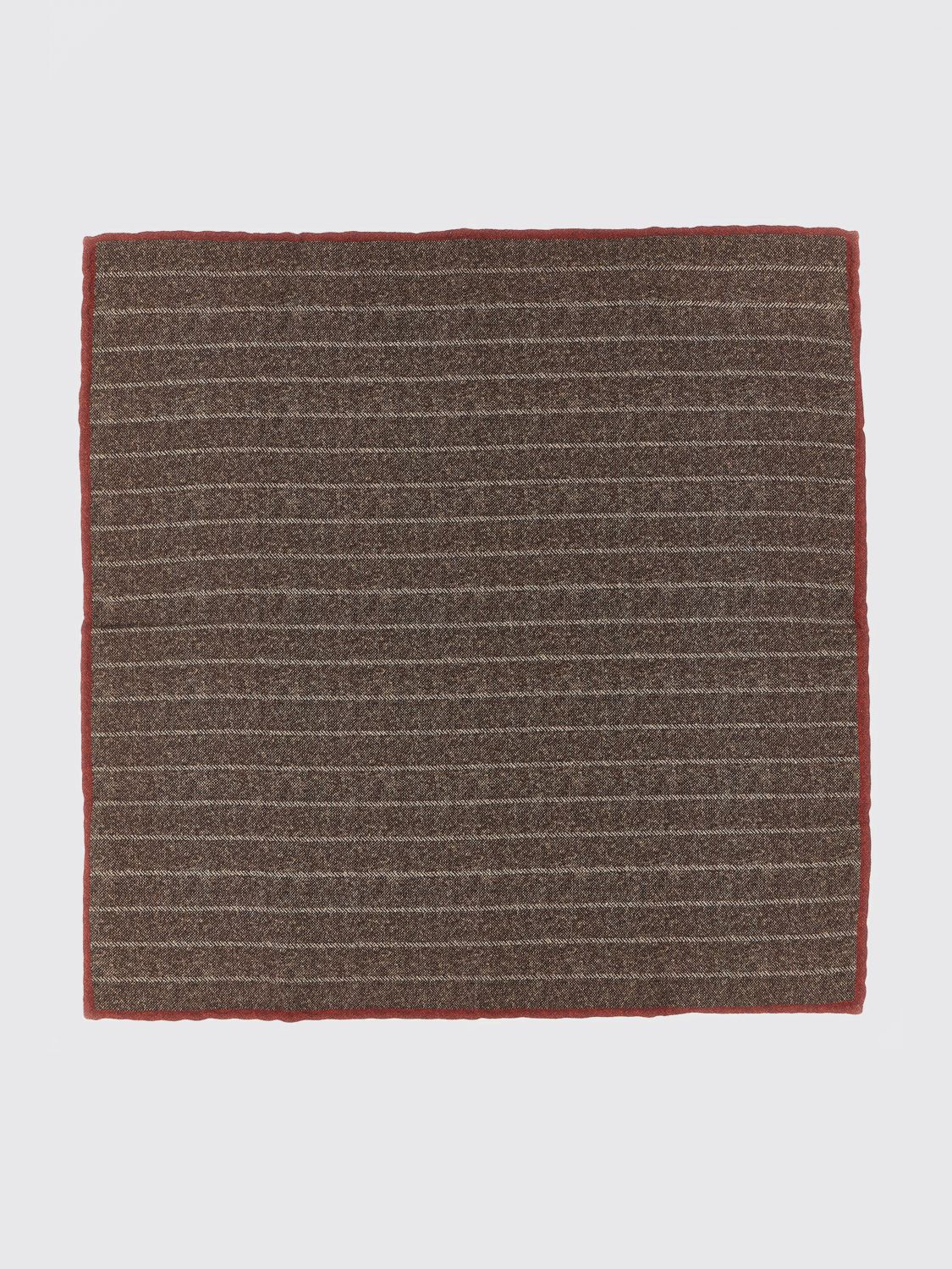 BRUNELLO CUCINELLI TIE: Brunello Cucinelli Striped Pure Silk Pocket Square with Logo, Brown - Img 1