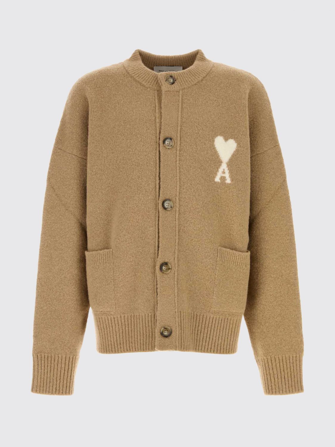 AMI PARIS MAGLIA: Cardigan Ami Paris in lana e alpaca con logo jacquard e spalle cadute, Beige - Img 2