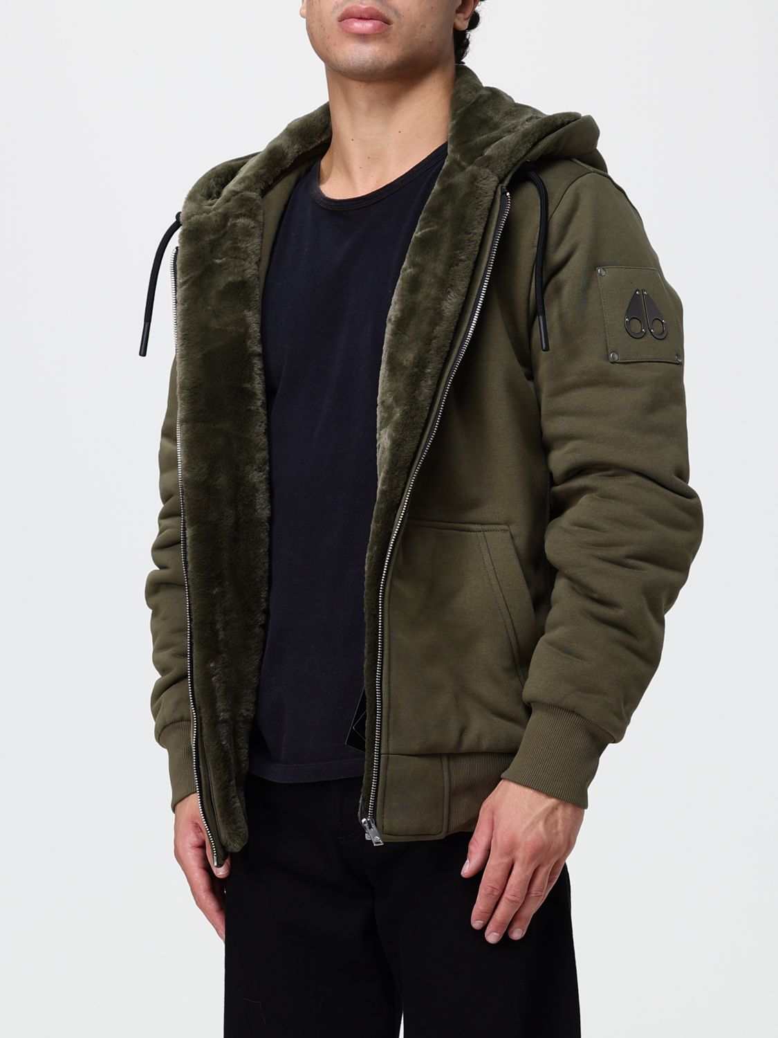 MOOSE KNUCKLES SWEATSHIRT: Cotton-Blend Hooded Zip-Up Sweatshirt Moose Knuckles with Kangaroo Pocket, Military - Img 3