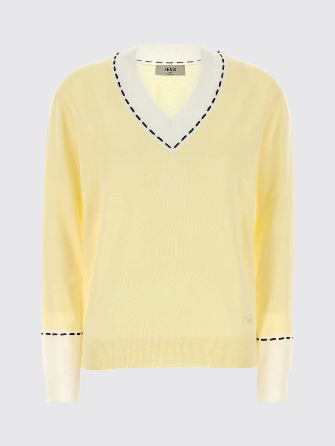 FENDI PULLOVER: Fendi Pullover mit V-Ausschnitt aus Schurwolle und Seide mit Kontrastnähten, Weiß - Img 2