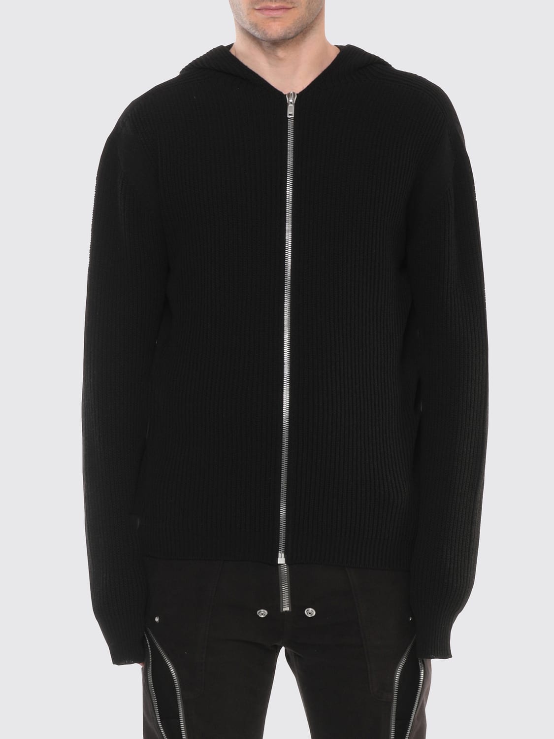 RICK OWENS SWEATSHIRT: Rick Owens Zipped Pure Virgin Wool Knit Hoodie, Black - Img 1