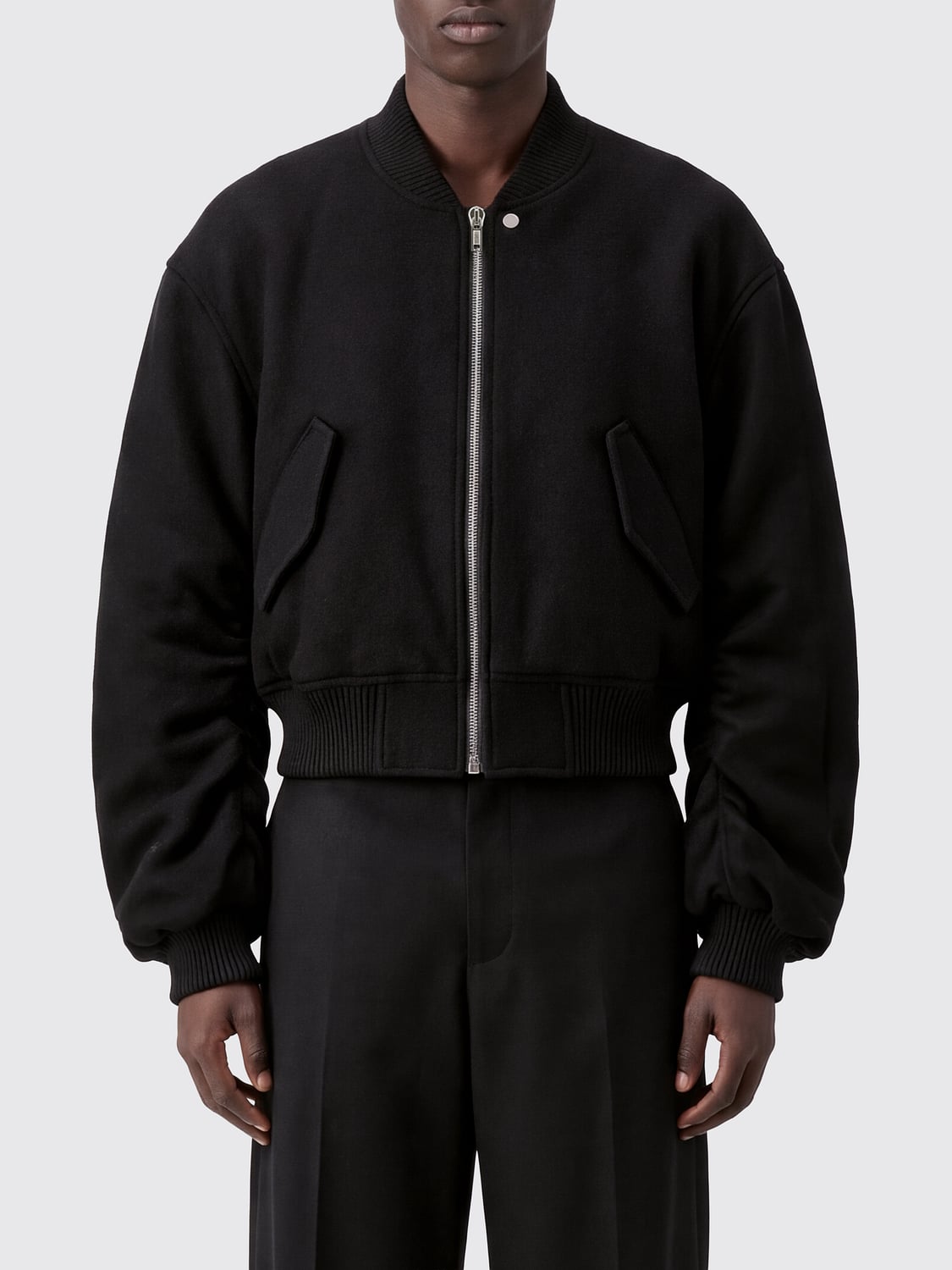 RICK OWENS JACKET: Rick Owens Oversized Padded Virgin Wool Bomber Jacket with Ribbed High Neck, Black - Img 1