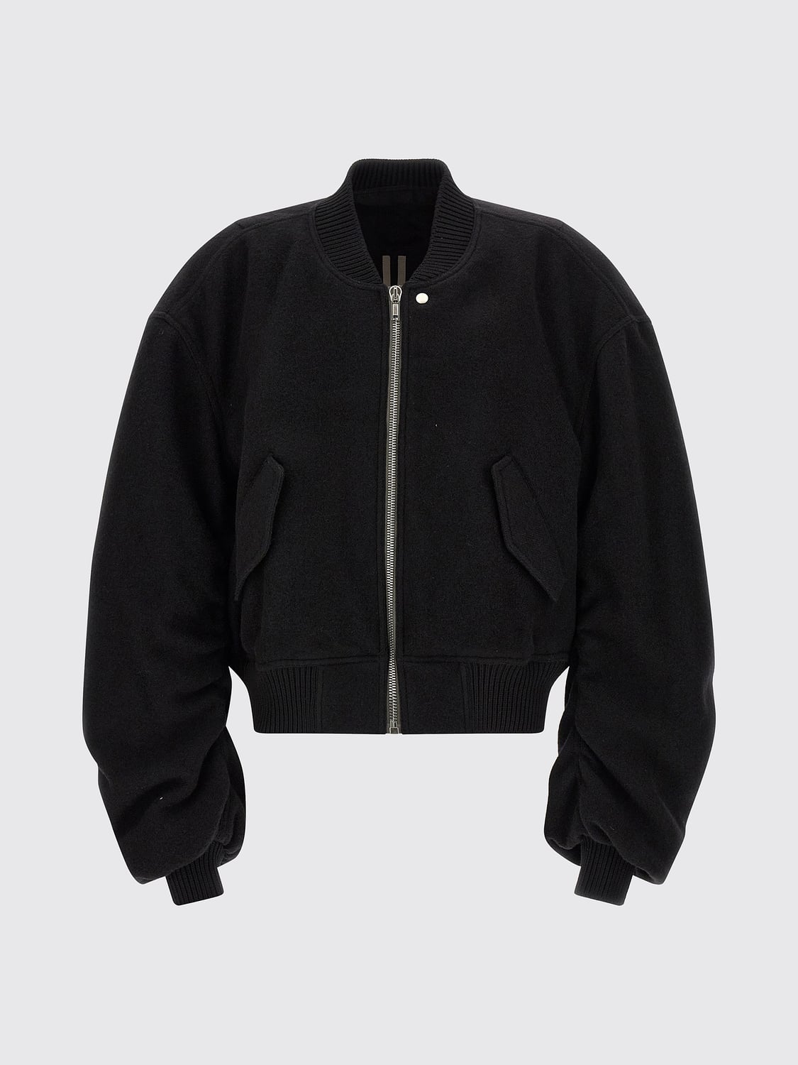 RICK OWENS JACKET: Rick Owens Oversized Padded Virgin Wool Bomber Jacket with Ribbed High Neck, Black - Img 2
