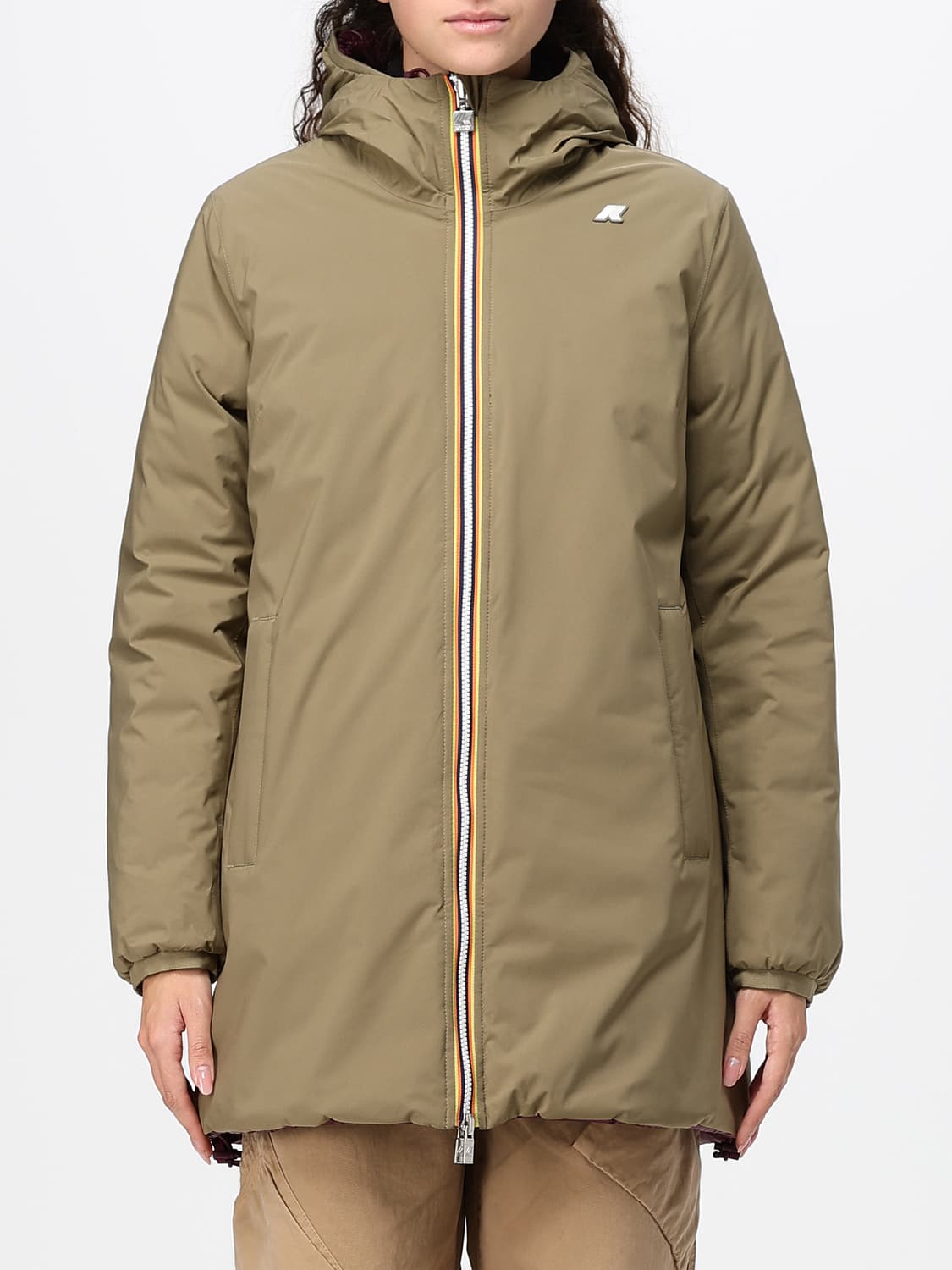 K-WAY COAT: Denise Reversible and Padded Knee-Length Parka K-Way with Hood, Green - Img 1