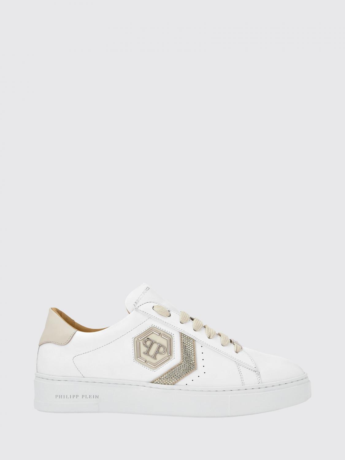 PHILIPP PLEIN BASKETS: Baskets basses Philipp Plein en cuir avec monogramme et logo Hexagon, Beige - Img 1