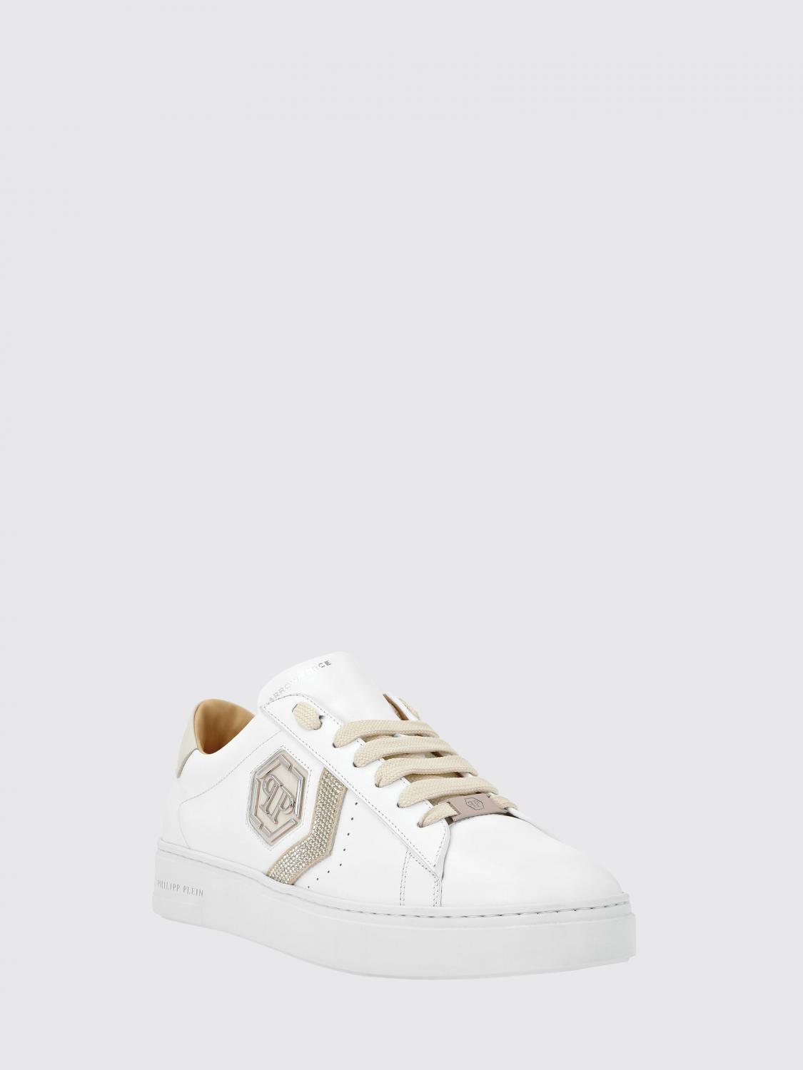 PHILIPP PLEIN BASKETS: Baskets basses Philipp Plein en cuir avec monogramme et logo Hexagon, Beige - Img 2