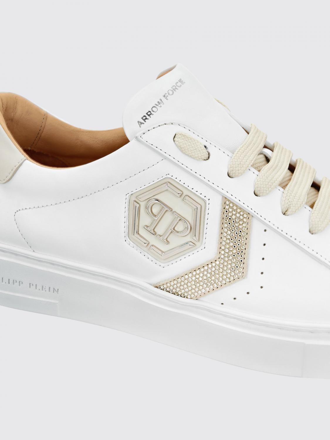 PHILIPP PLEIN BASKETS: Baskets basses Philipp Plein en cuir avec monogramme et logo Hexagon, Beige - Img 4