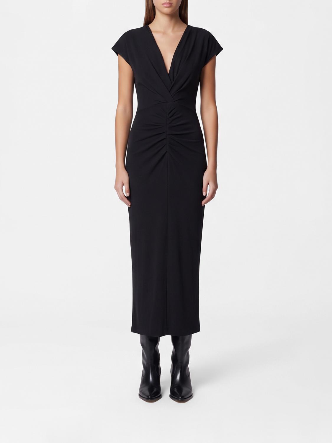 ISABEL MARANT VESTIDO: Vestido tubo midi de viscosa Isabel Marant con drapeado y escote en V, Negro - Img 1