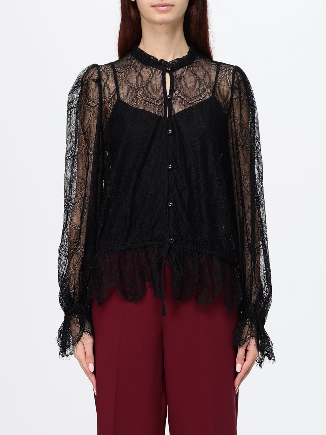 TWINSET CAMICIA: Camicia Twinset in pizzo a maniche lunghe con collo alla coreana e coulisse in vita, Nero - Img 1