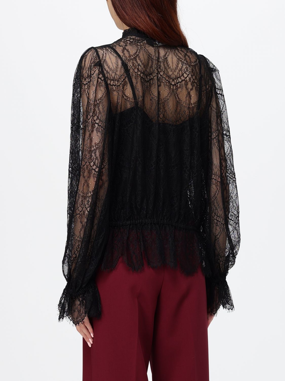 TWINSET CAMICIA: Camicia Twinset in pizzo a maniche lunghe con collo alla coreana e coulisse in vita, Nero - Img 2