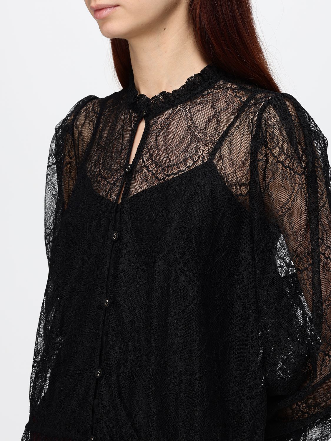 TWINSET CAMICIA: Camicia Twinset in pizzo a maniche lunghe con collo alla coreana e coulisse in vita, Nero - Img 3