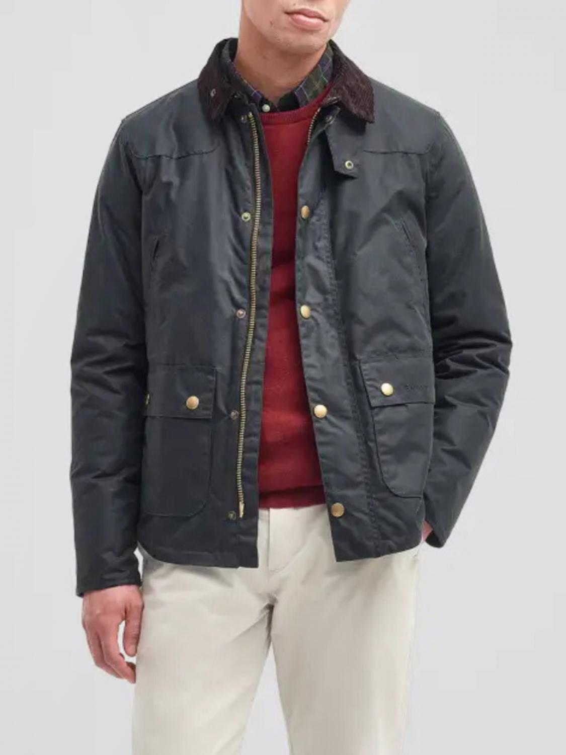 BARBOUR JACKET: Barbour Reelin Waxed Cotton Jacket with Corduroy Collar, Sage - Img 1