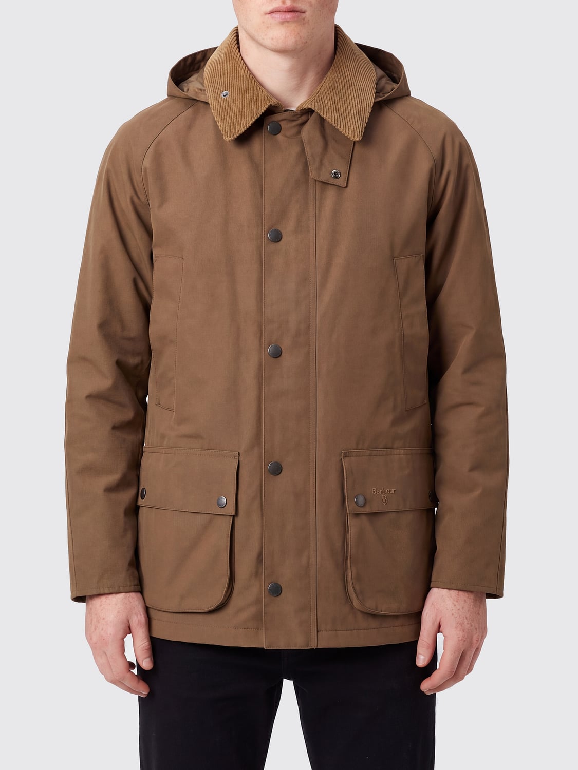 BARBOUR JACKET: Barbour Ashby Waxed Cotton Jacket with Corduroy Collar, Brown - Img 1