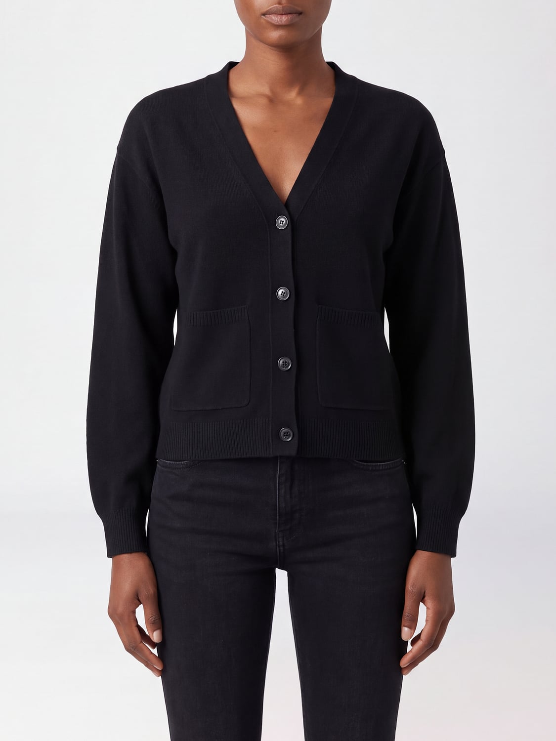 ERIKA CAVALLINI PULLOVER: Cardigan Erika Cavallini aus Schurwolle mit V-Ausschnitt und aufgesetzten Taschen, Schwarz - Img 1