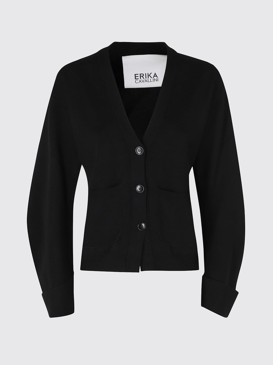 ERIKA CAVALLINI PULLOVER: Cardigan Erika Cavallini aus Schurwolle mit V-Ausschnitt und aufgesetzten Taschen, Schwarz - Img 2