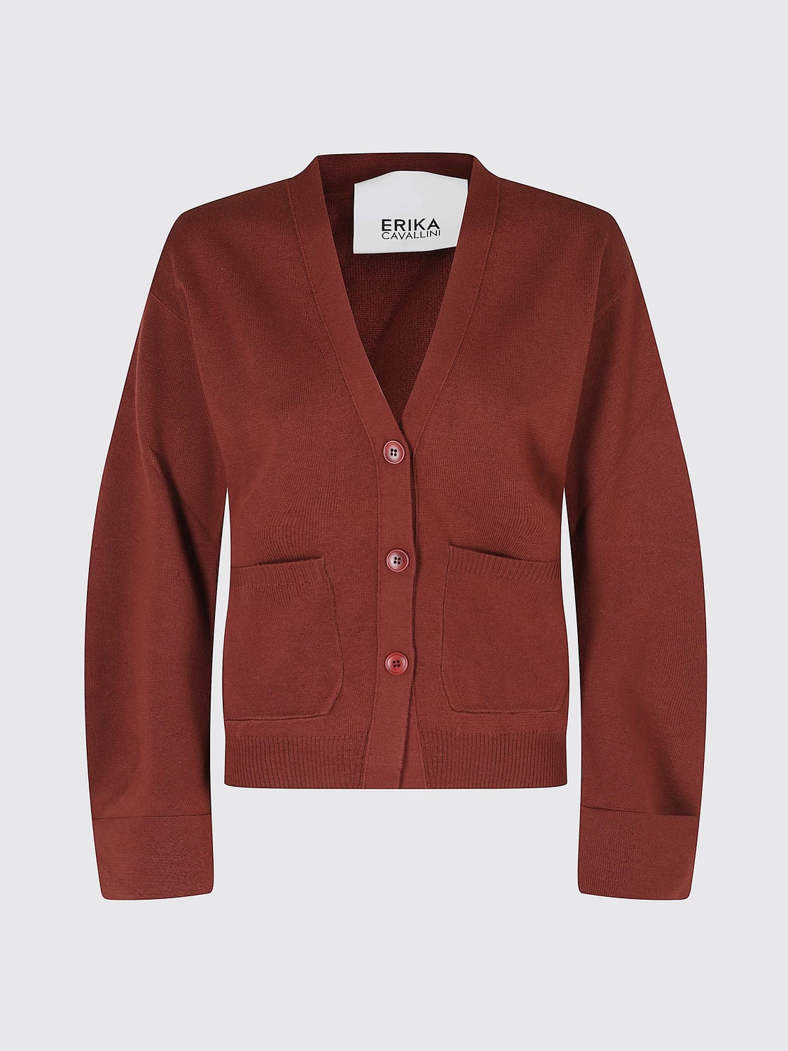 ERIKA CAVALLINI PULLOVER: Cardigan Erika Cavallini aus Schurwolle mit V-Ausschnitt und aufgesetzten Taschen, Braun - Img 2