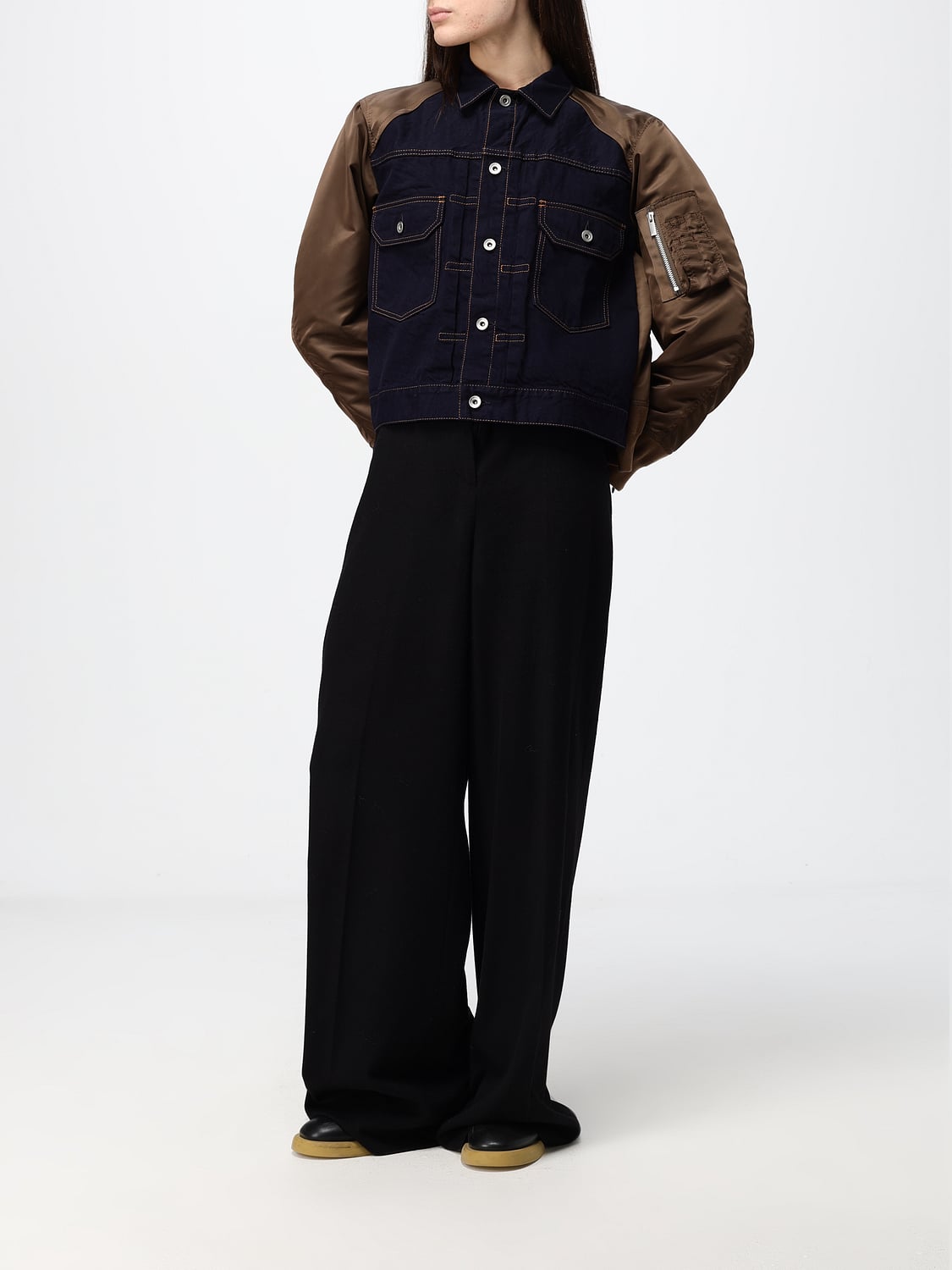 SACAI JACKET: Cropped Cotton Denim Sacai Jacket with Contrasting Nylon Inserts, Navy - Img 2