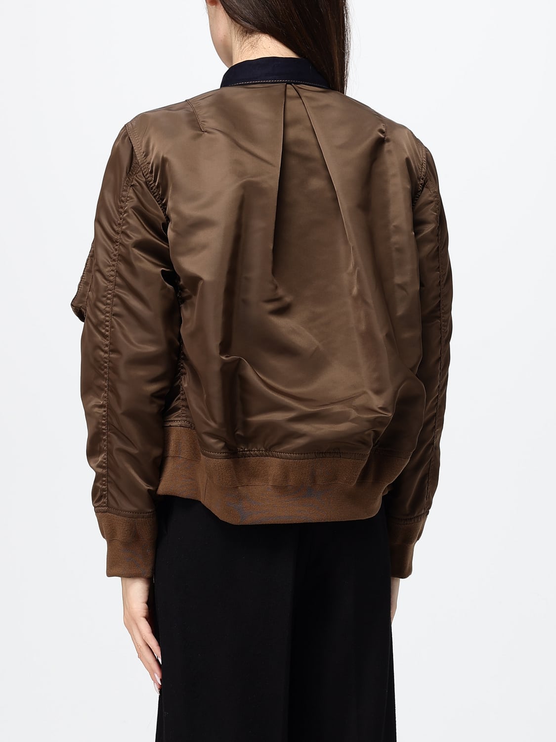 SACAI JACKET: Cropped Cotton Denim Sacai Jacket with Contrasting Nylon Inserts, Navy - Img 3
