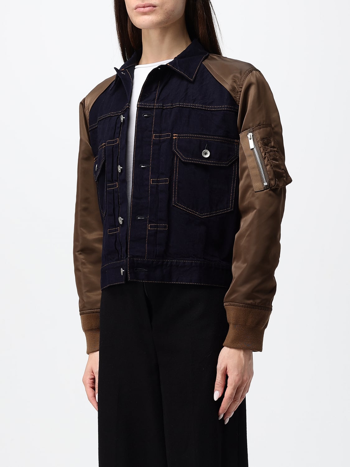 SACAI JACKET: Cropped Cotton Denim Sacai Jacket with Contrasting Nylon Inserts, Navy - Img 4