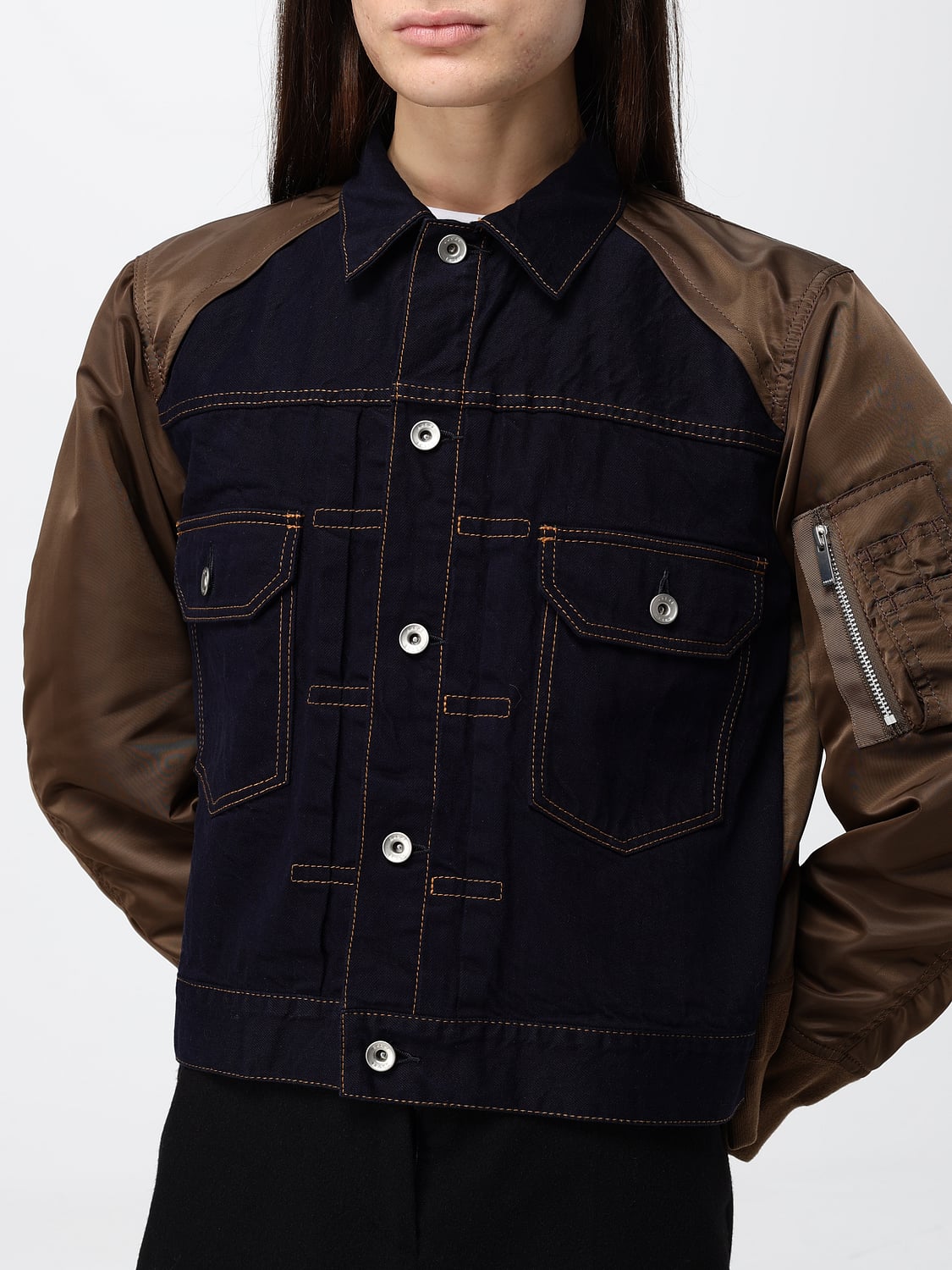 SACAI JACKET: Cropped Cotton Denim Sacai Jacket with Contrasting Nylon Inserts, Navy - Img 5