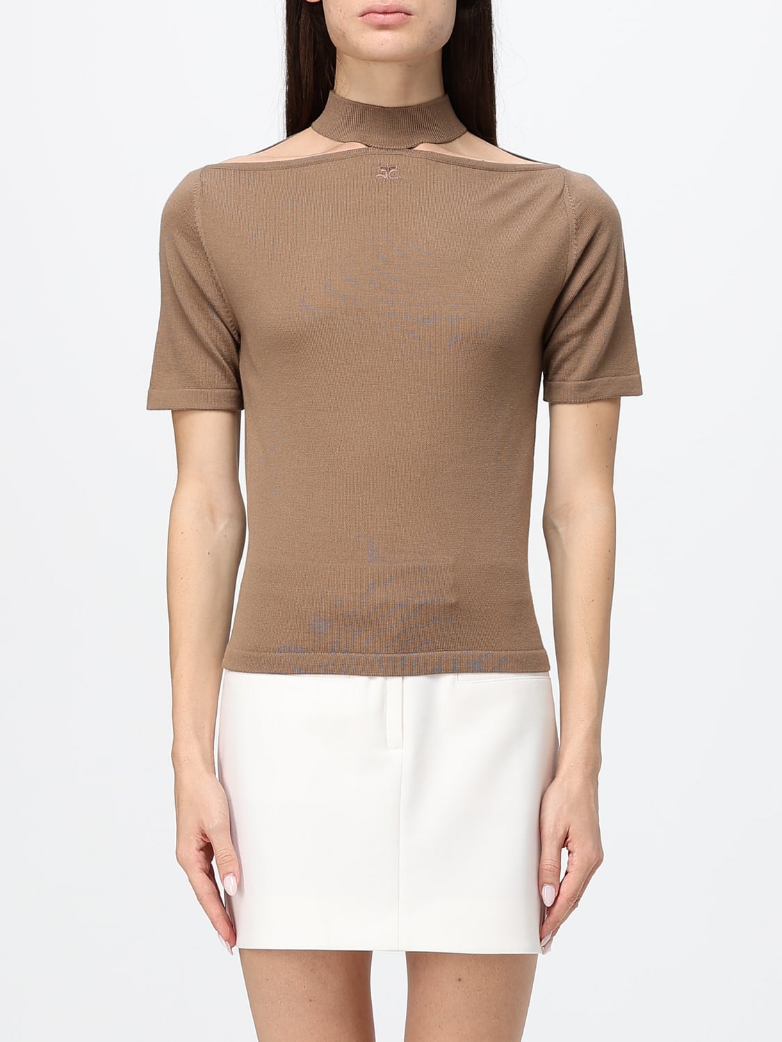 COURRÈGES TOP: Slim-Fit-Top aus Wolle von Courrèges mit kurzen Ärmeln, hohem Kragen und Logo, Braun - Img 1