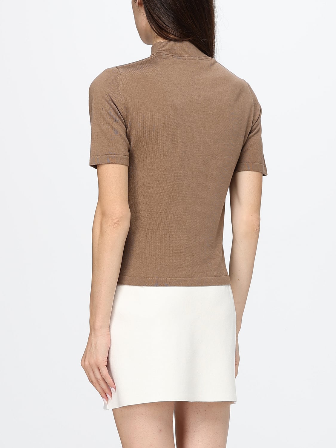 COURRÈGES TOP: Slim-Fit-Top aus Wolle von Courrèges mit kurzen Ärmeln, hohem Kragen und Logo, Braun - Img 3