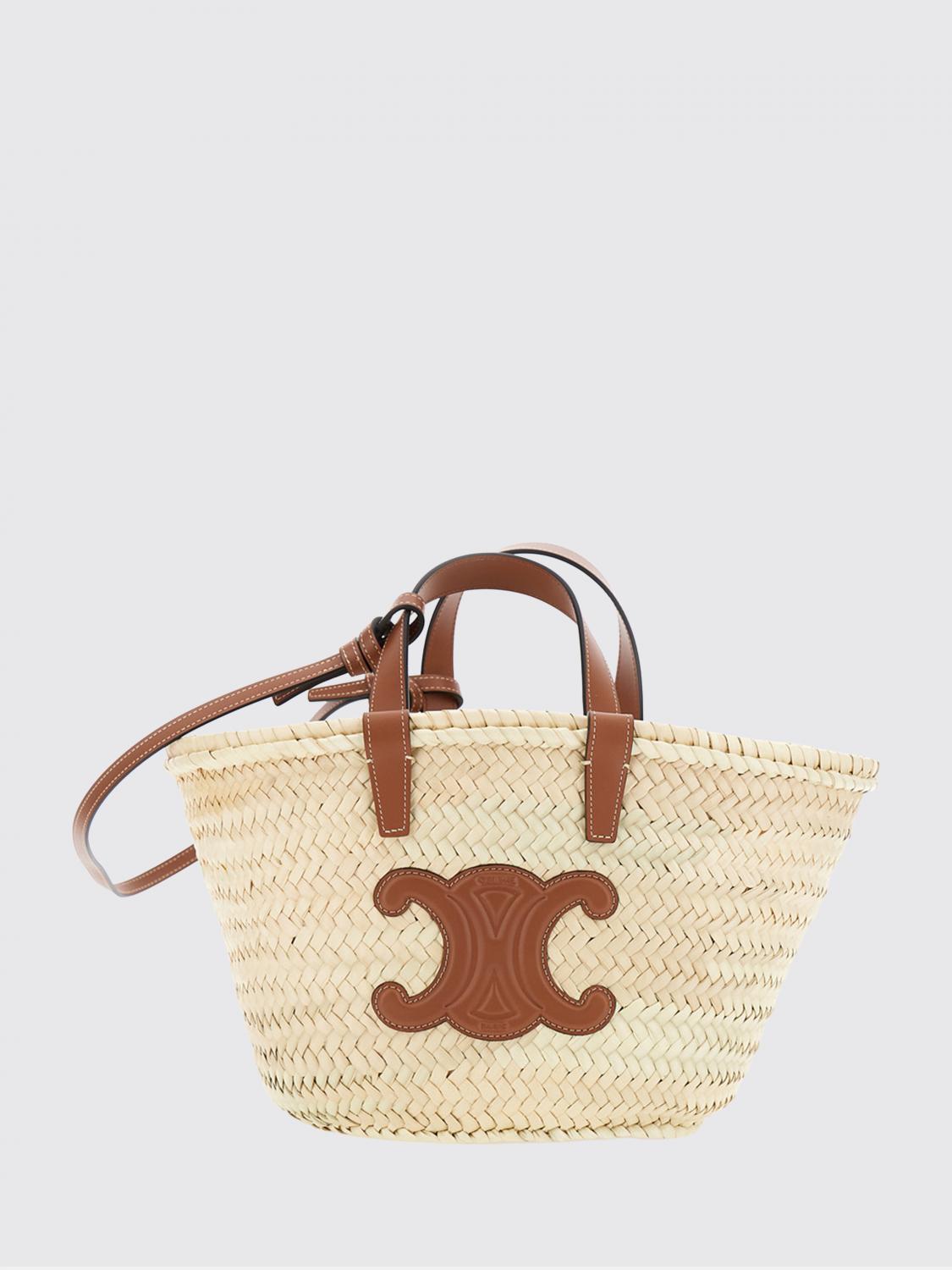 CELINE BORSA TOTE: Borsa Classic Panier Teen Celine in foglie di palma e pelle di vitello, Marrone - Img 1
