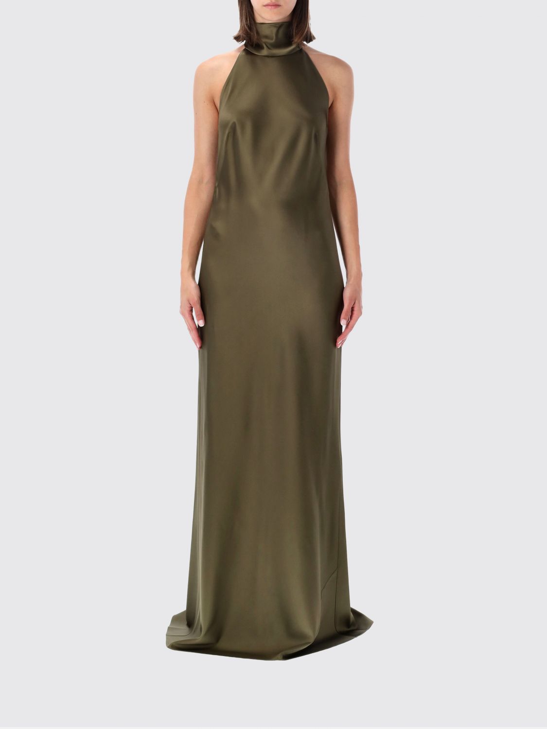 RALPH LAUREN VESTIDO: Vestido de noche largo Ralph Lauren en satén con cuello halter y cuello alto, Verde - Img 1