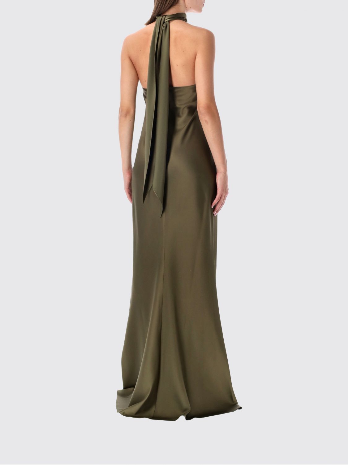 RALPH LAUREN VESTIDO: Vestido de noche largo Ralph Lauren en satén con cuello halter y cuello alto, Verde - Img 2