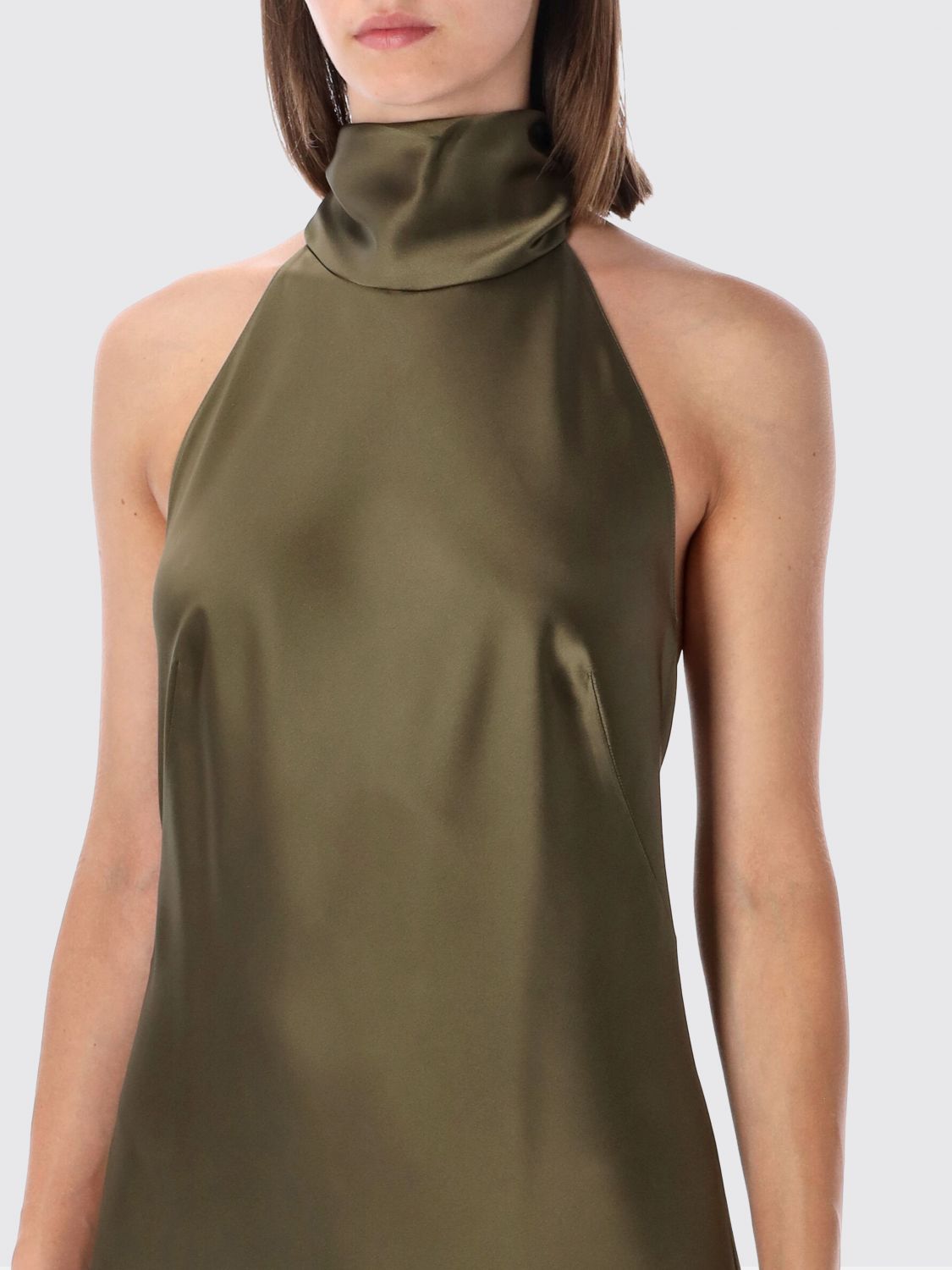 RALPH LAUREN VESTIDO: Vestido de noche largo Ralph Lauren en satén con cuello halter y cuello alto, Verde - Img 3