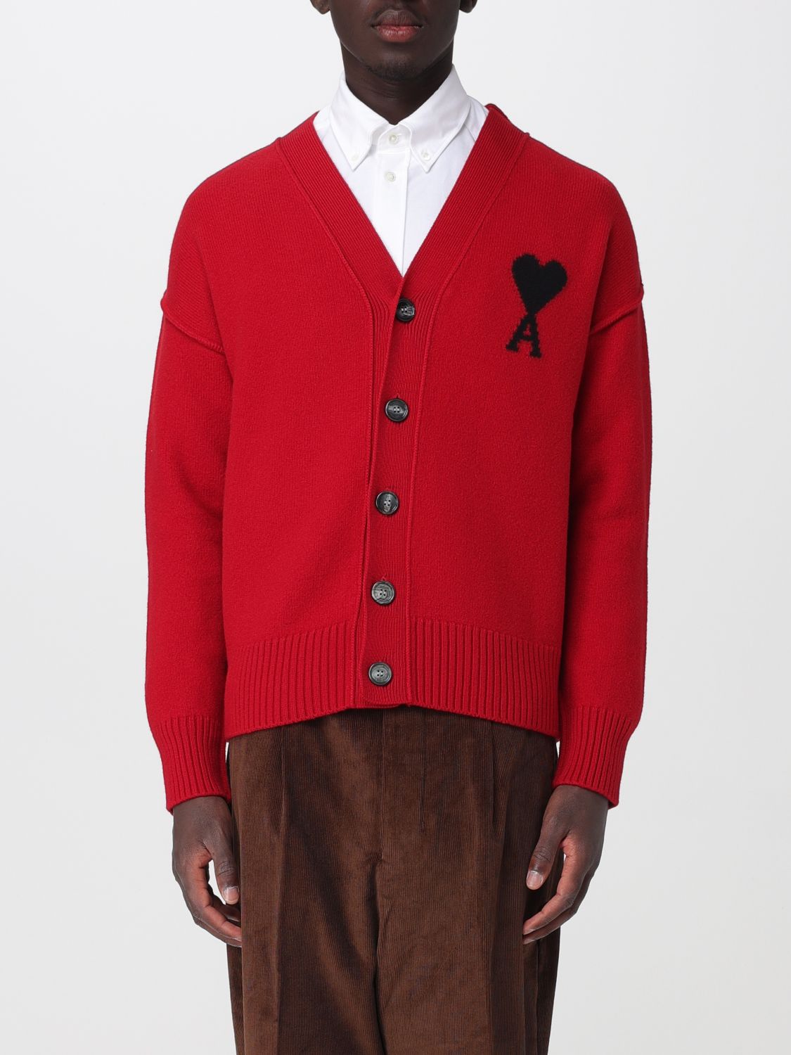 AMI PARIS PULL: Cardigan Ami Paris en laine à col V avec logo contrastant, Rubis - Img 1