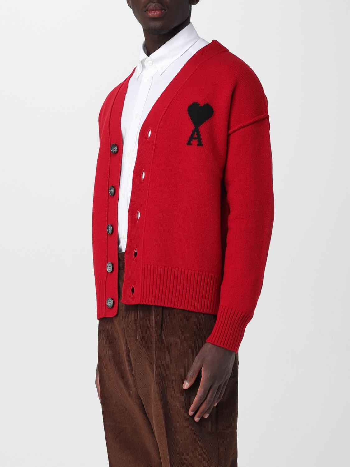 AMI PARIS PULL: Cardigan Ami Paris en laine à col V avec logo contrastant, Rubis - Img 3