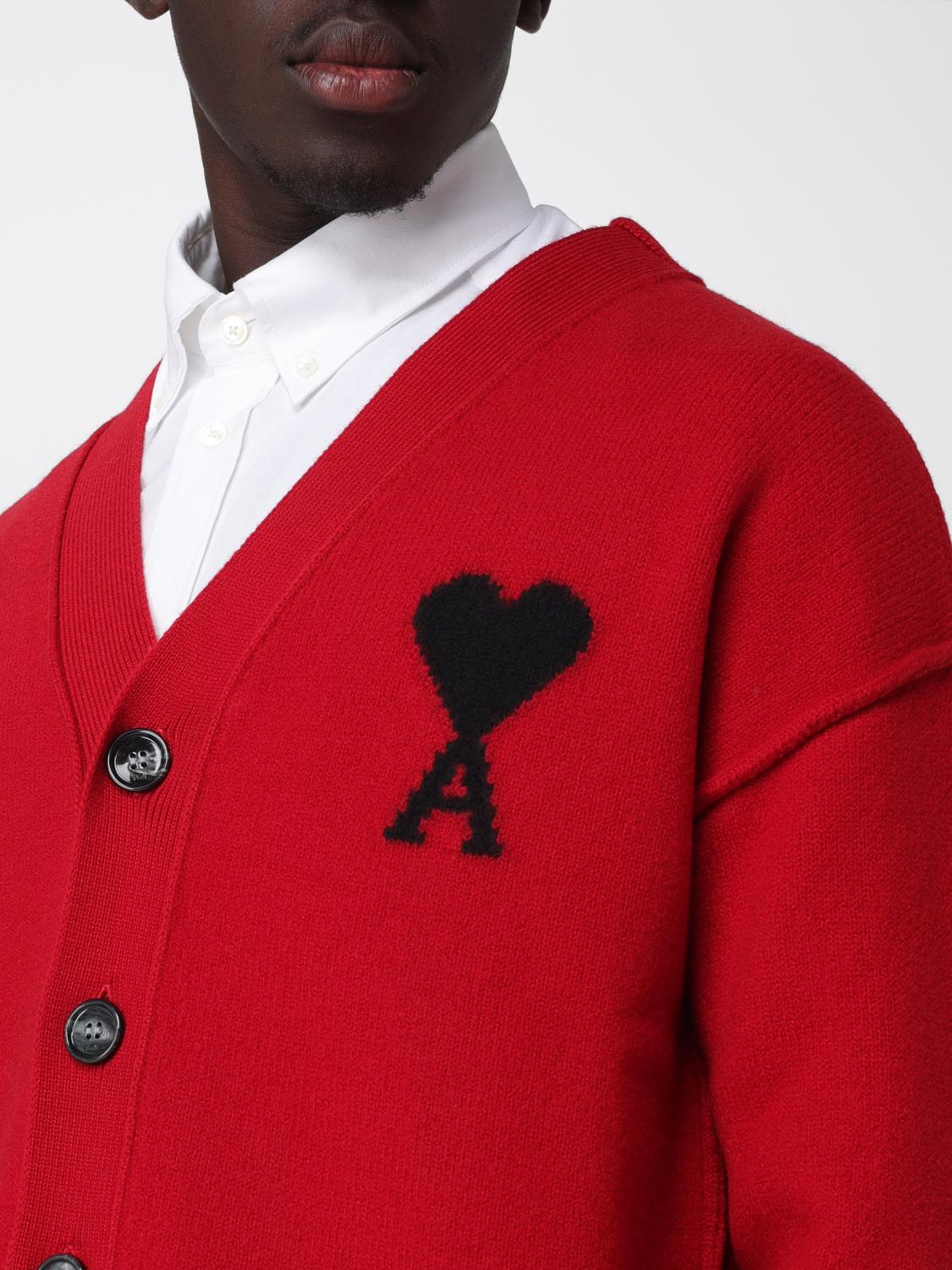 AMI PARIS PULL: Cardigan Ami Paris en laine à col V avec logo contrastant, Rubis - Img 4