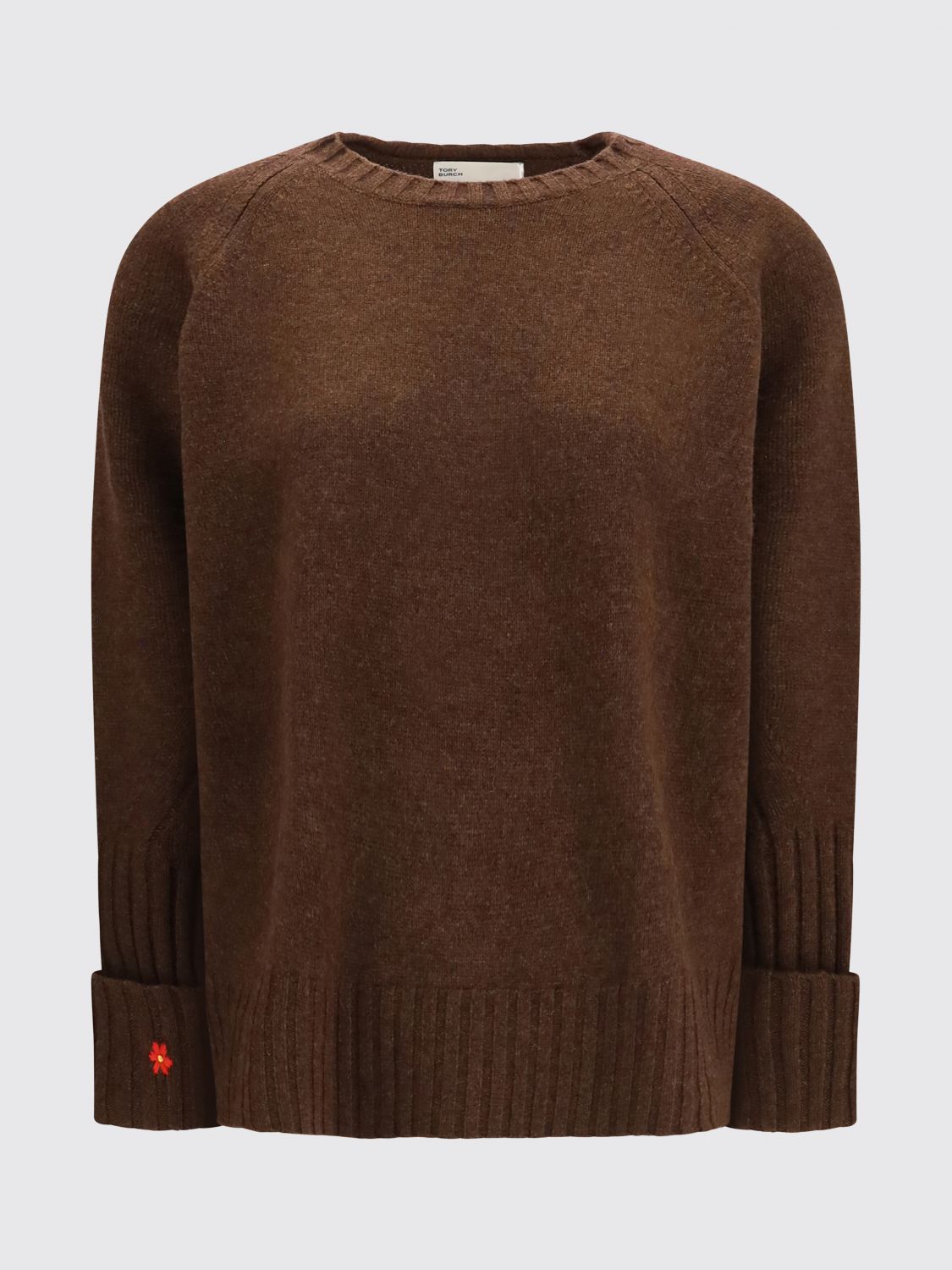 TORY BURCH PULL: Pull à col rond Tory Burch en laine avec poignets à revers, Marron - Img 2
