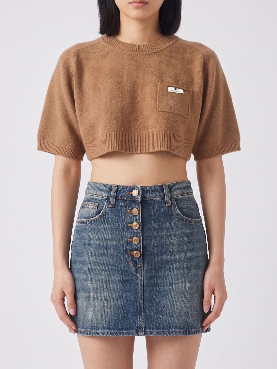ELISABETTA FRANCHI PULLOVER: Cropped-Pullover von Elisabetta Franchi aus Wolle und Kaschmir mit Kontrastlogo, Braun - Img 1