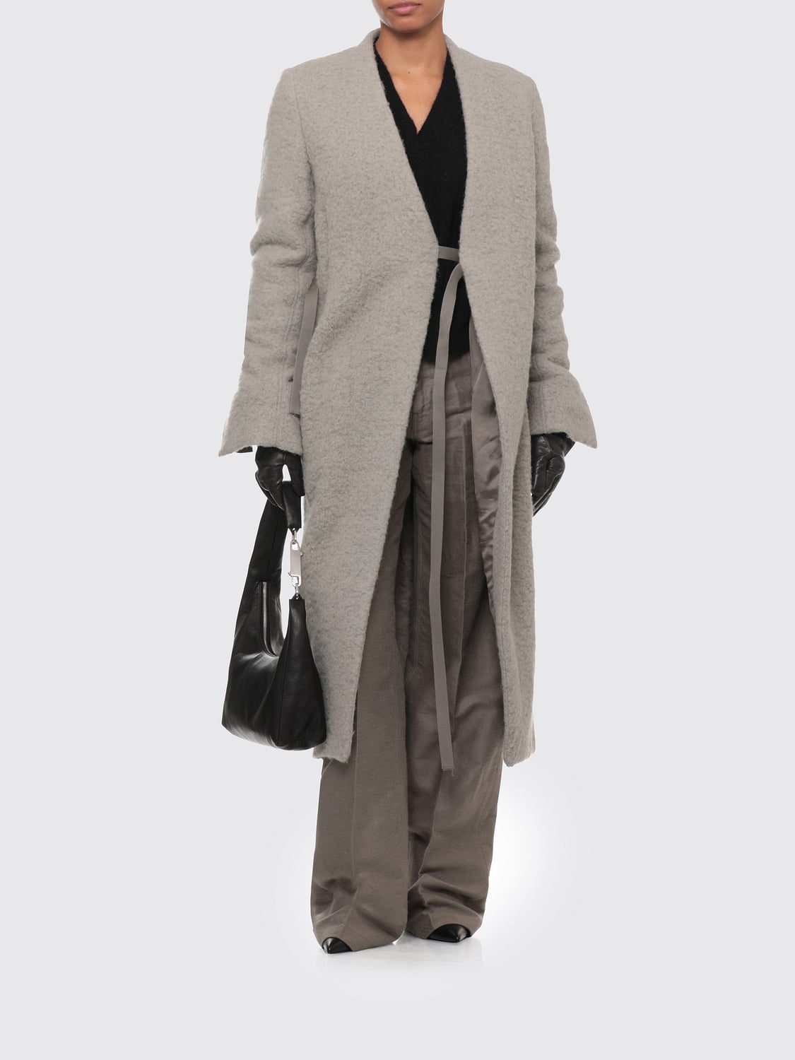 RICK OWENS ABRIGO: Abrigo largo cruzado de alpaca y lana de Rick Owens con cierre de lazo, Gris - Img 2