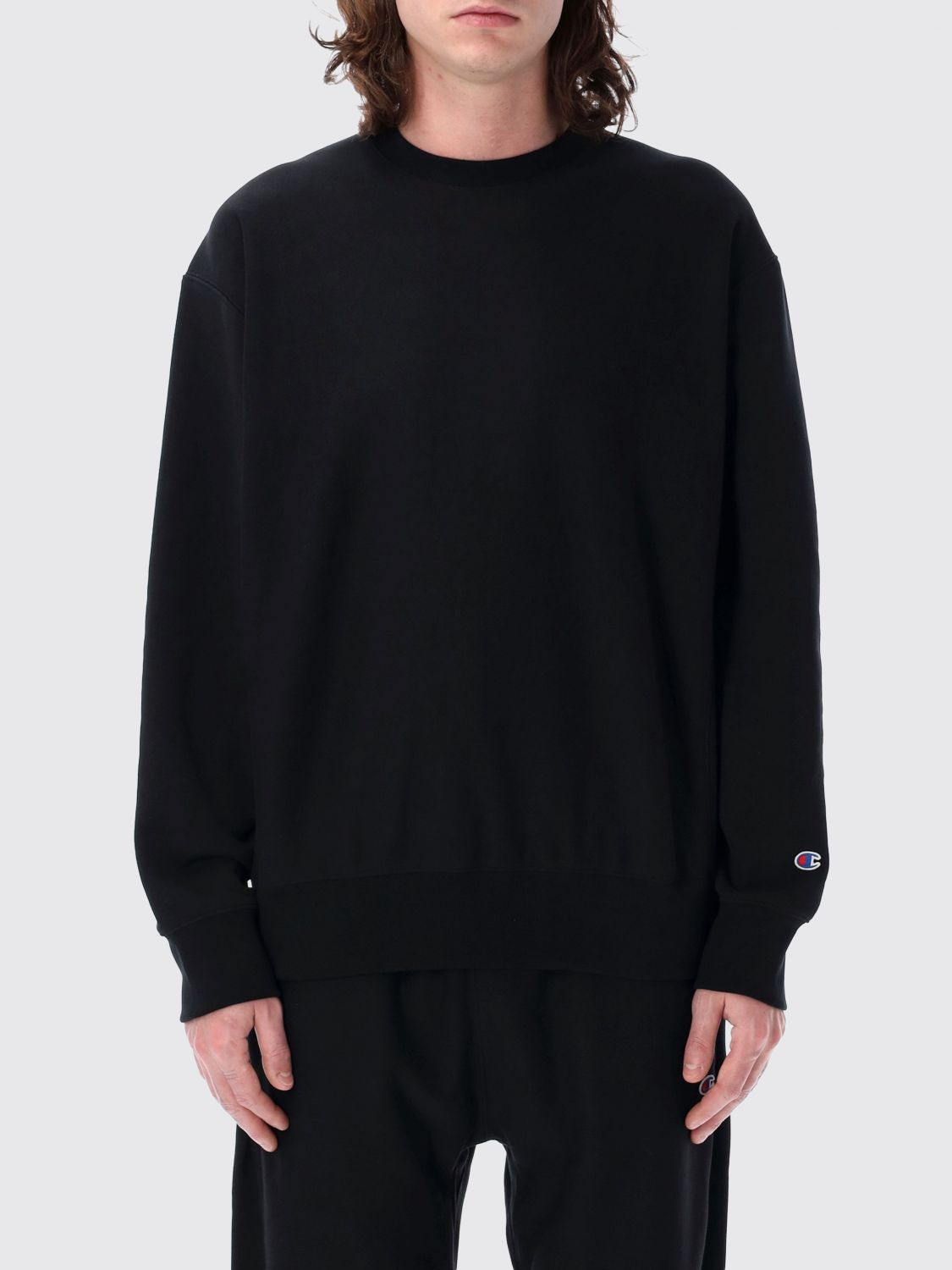 CHAMPION SWEATSHIRT: Cotton Crewneck Sweatshirt Champion with Dropped Shoulders, Black - Img 1